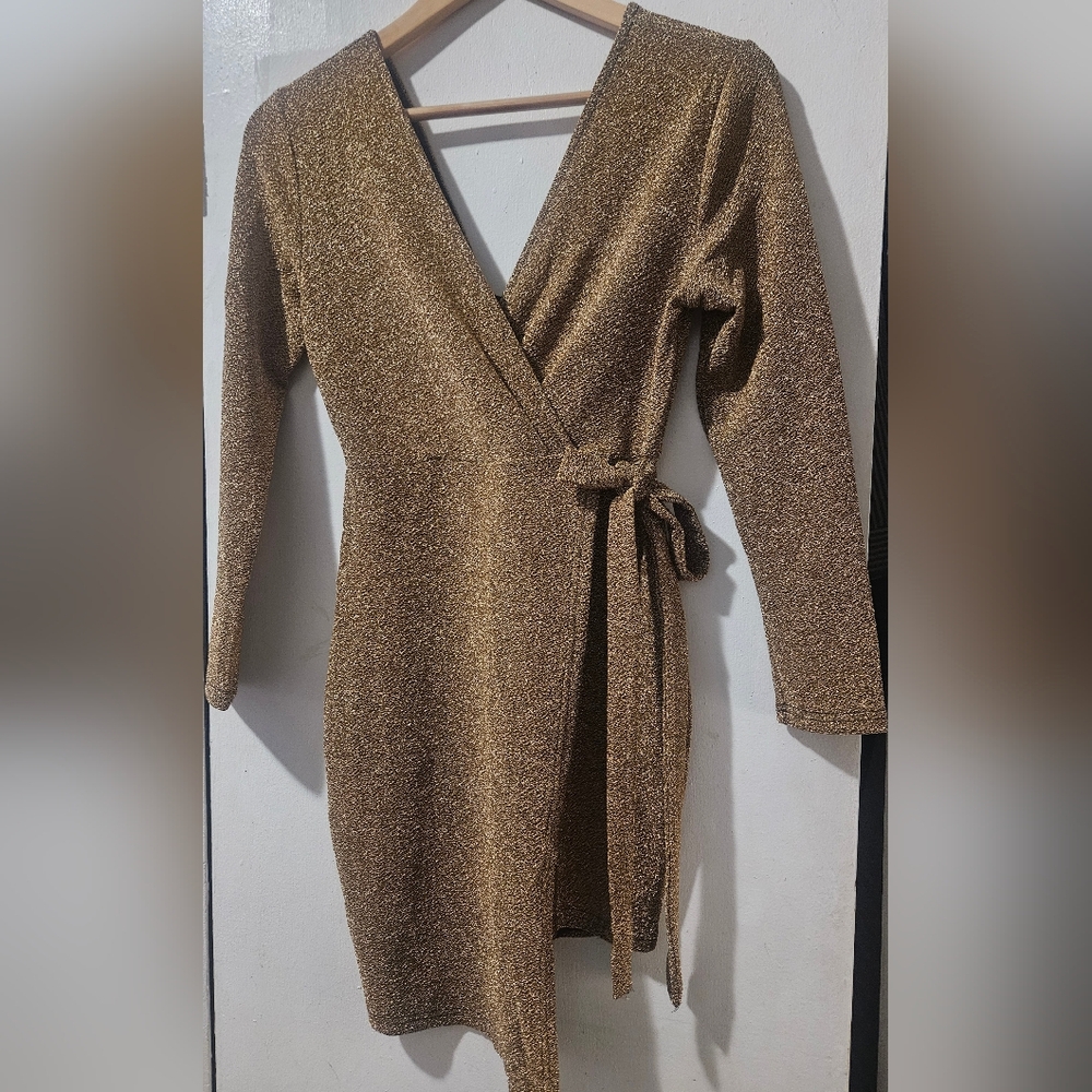 Shimmering Gold Long Sleeve Wrap Dress NWOT